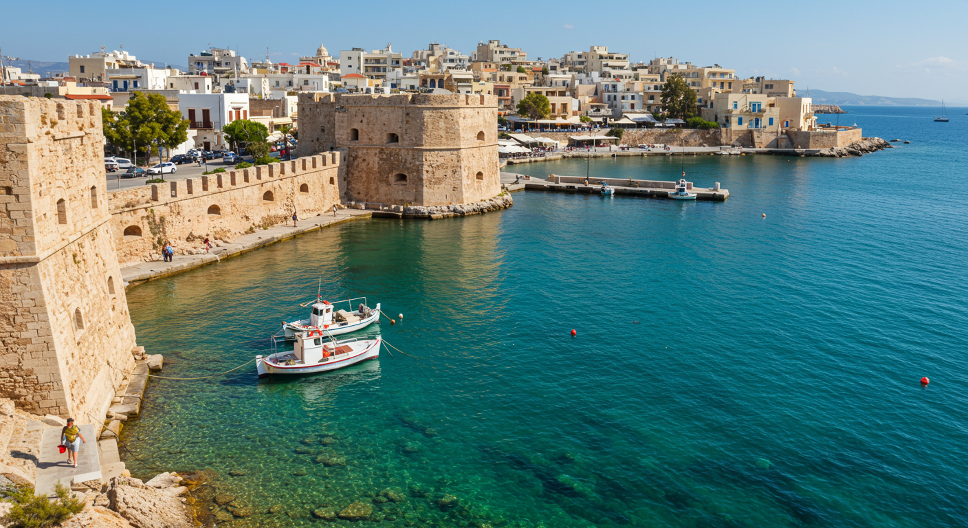 바다를 지키는 쿠레스 요새 항구에 정박한 작은 어선들