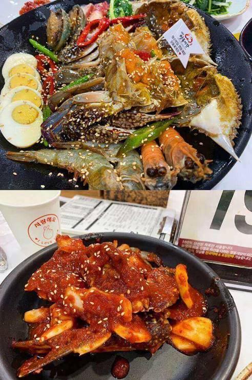 위 사진은 꽃게장으로 접시 가운데 잘린 간장 꽃게와 등 껍질이 있고 아래에 새우 위에는 전복 왼쪽에 슬라이스된 계란장이 있다.
아래 사진은 빨간 양념에 무친 양념계장이 있다.