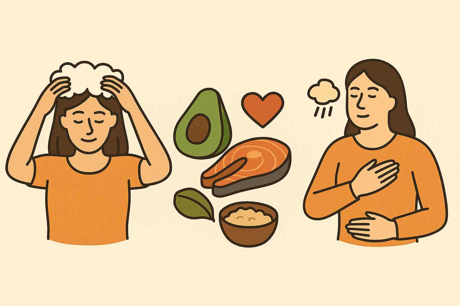 탈모 예방을 위한 두피 청결 유지, 모근 영양 섭취, 스트레스 완화를 표현한 이미지