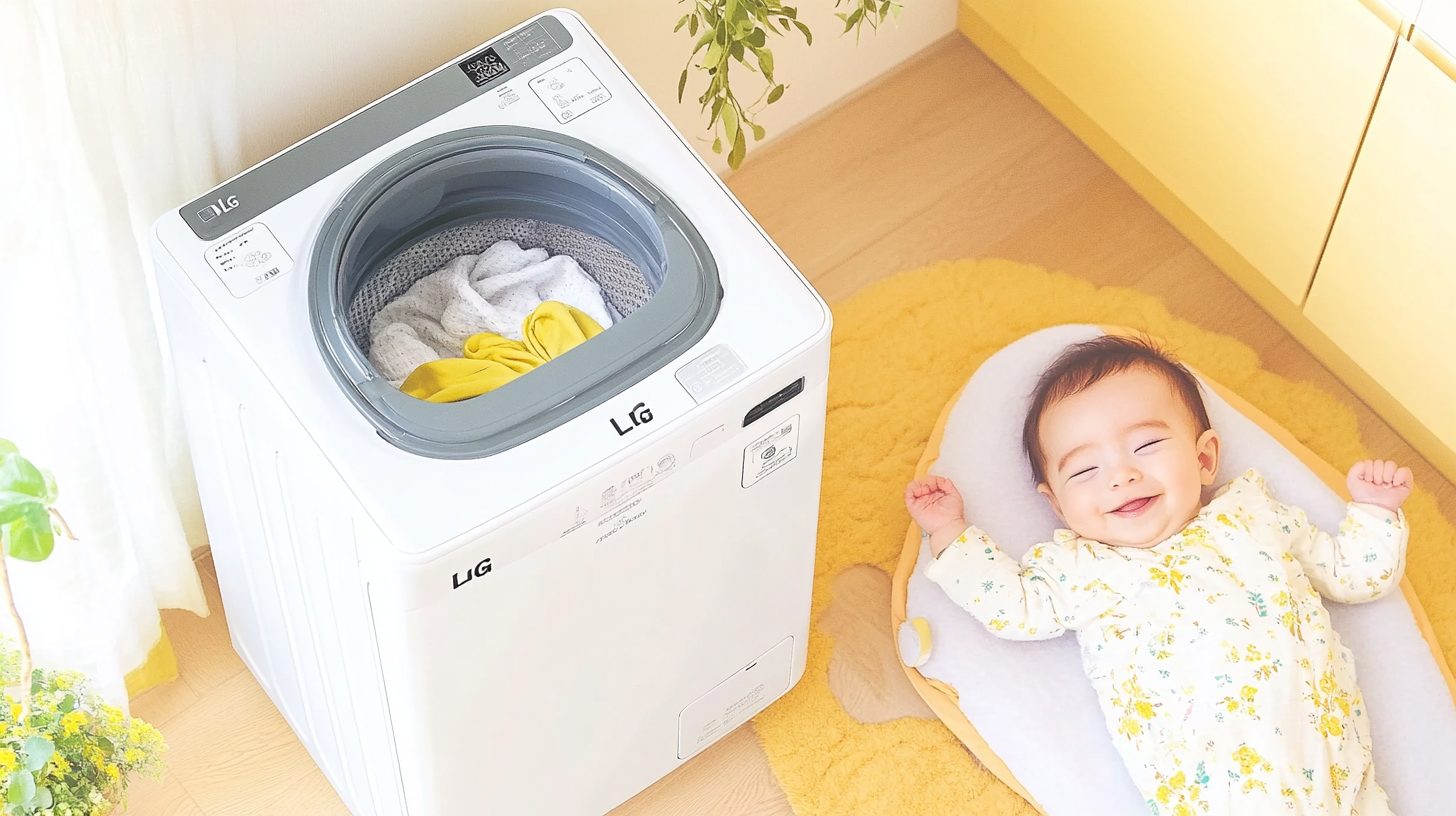 가족 중심의 주방에서 조용한 작동이 특징인 LG 아기 세탁기와 함께 있는 웃고 있는 아기, 옆에서 기분 좋게 낮잠