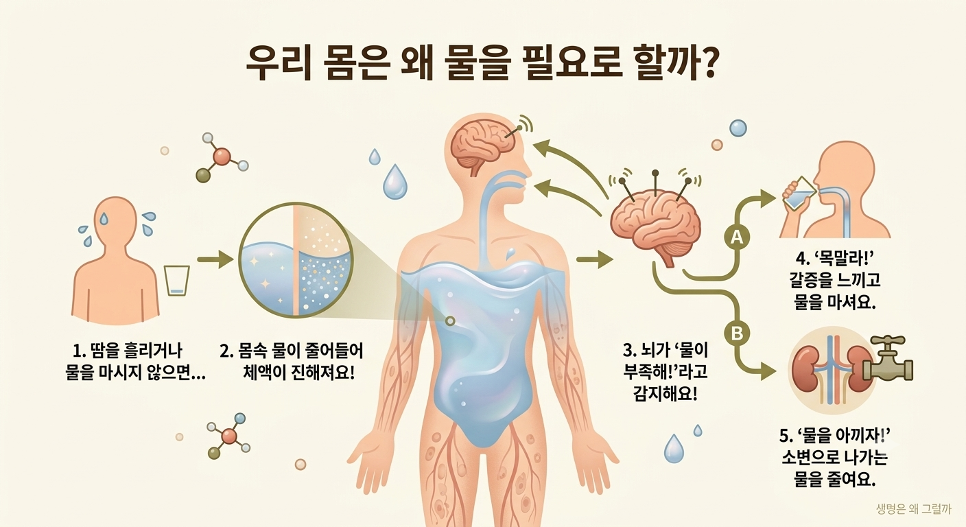 체내 수분이 감소하면서 체액의 농도가 높아지고, 이를 감지한 뇌의 조절 시스템이 갈증과 수분 보존 반응을 일으키는 과정