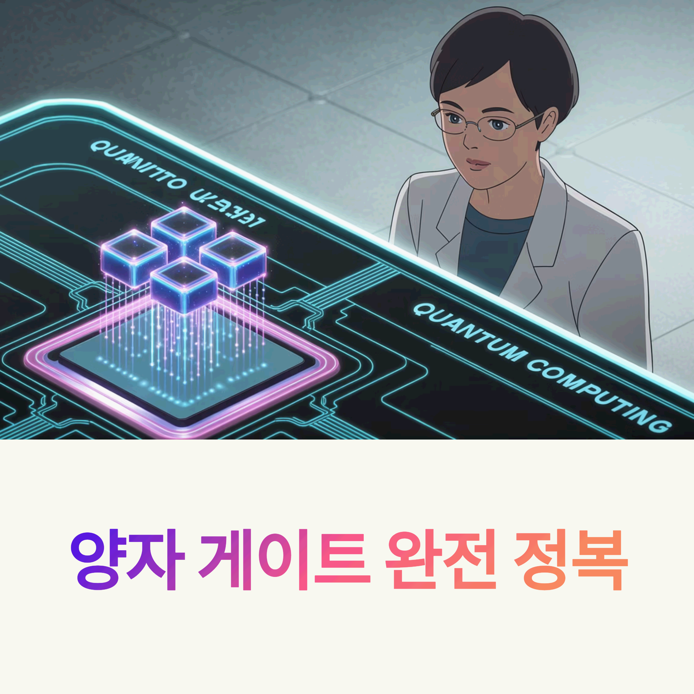 양자 컴퓨팅 인터페이스를 바라보는 과학자와 양자 게이트 시각화