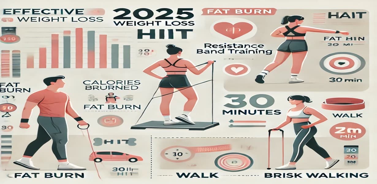 2025년 다이어트에 효과적인 운동 루틴을 보여주는 인포그래픽 – HIIT, 저항 밴드 운동, 걷기 등