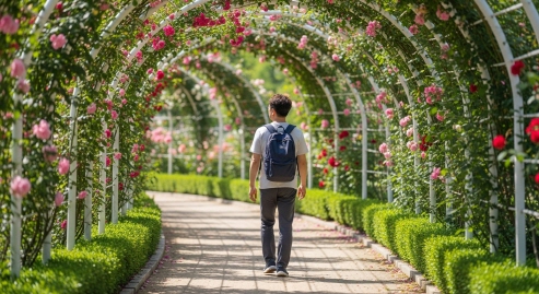장미터널에서 산책하는 사람