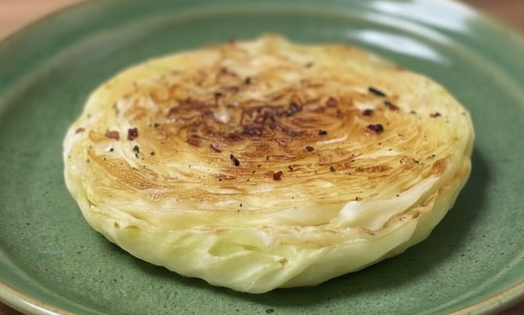 겉은 캐러멜라이징 되어 갈색빛을 띠고 속은 촉촉하게 익은 완성된 양배추 스테이크의 비주얼.