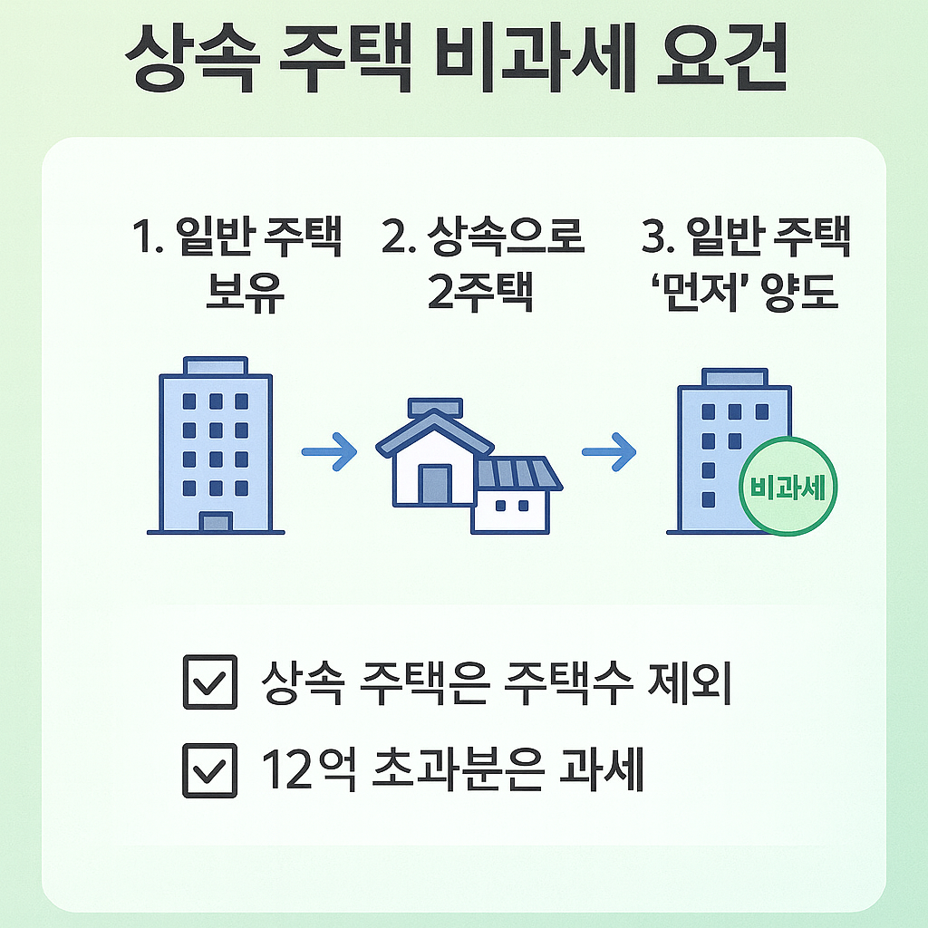 상속 주택 비과세 요건 인포그래픽, 일반 주택 양도 비과세 흐름도, 주택 수 조회, 12억 초과 과세
연한 녹색 바탕에 '상속 주택 비과세 요건'이라는 제목이 상단에 배치된 인포그래픽 이미지입니다. 이 이미지는 상속 주택 비과세를 받는 세 가지 단계를 시각적으로 설명합니다.