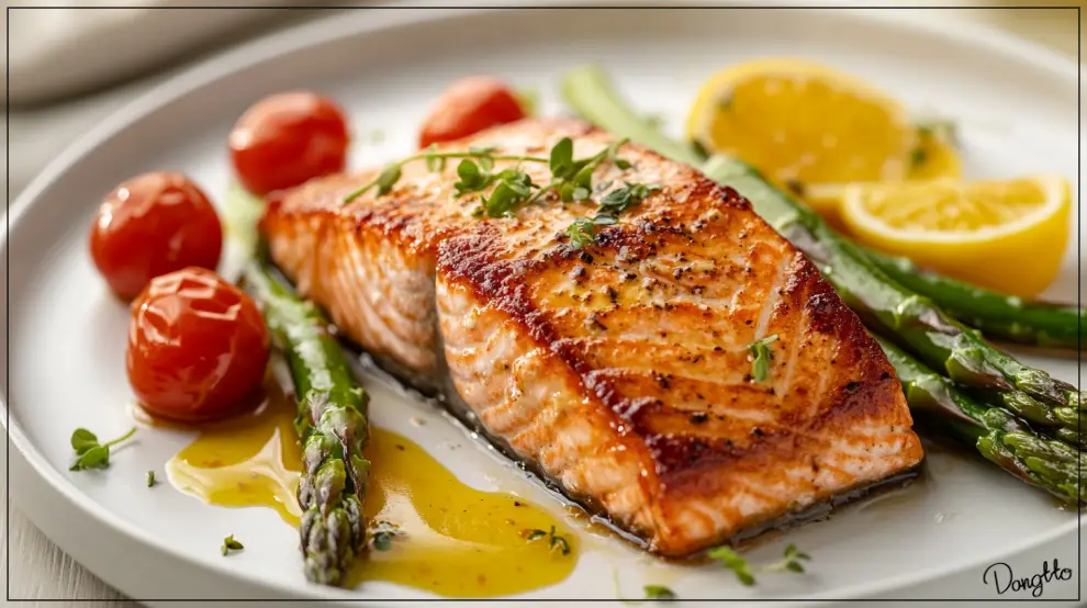 이명에-좋은-음식인-연어를-요리해-접시에-올린-사진