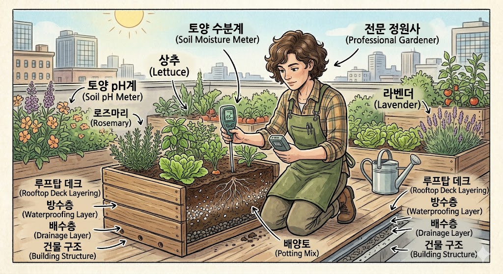 측정기로 토양 수분과 산도를 측정하는 원예가