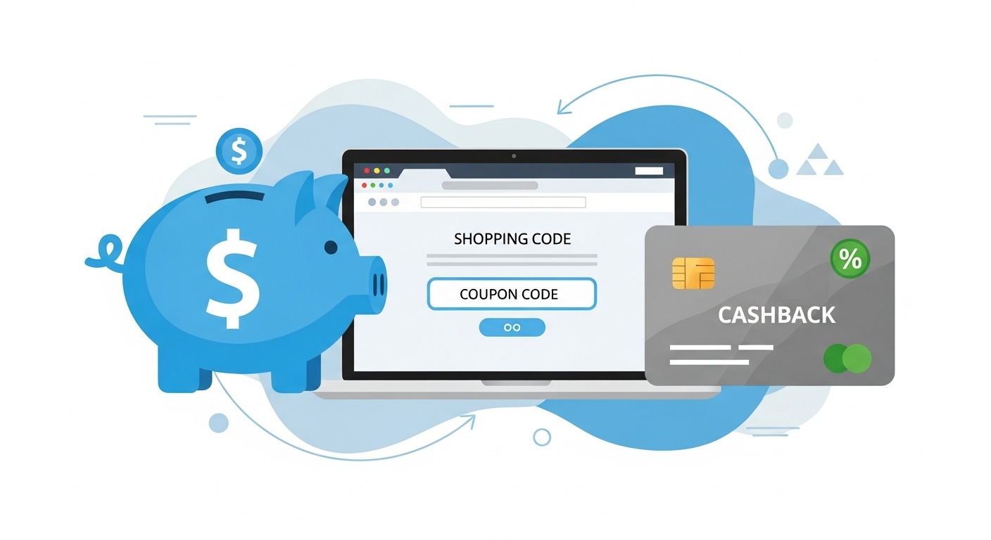 온라인 쇼핑 시 캐시백, 카드 할인, 쿠폰 코드 등 다양한 할인 혜택을 상징하는 그림. 저금통, 신용카드, 노트북 화면이 어우러져 현명한 소비 전략을 나타냅니다.