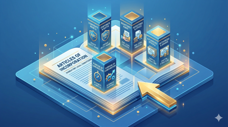 사회적협동조합 정관이라는 거대한 문서 위로 4개의 필수 법적 요건을 상징하는 빛나는 기둥이 견고하게 세워져 있는 3D 일러스트