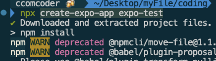 Expo 프로젝트 생성 명령어 실행 화면