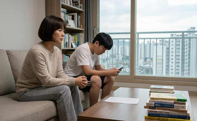 엄마가 아파트 거실에서 사춘기 아들의 자아정체성 탐색을 일관되게 지지하며 대화하는 모습