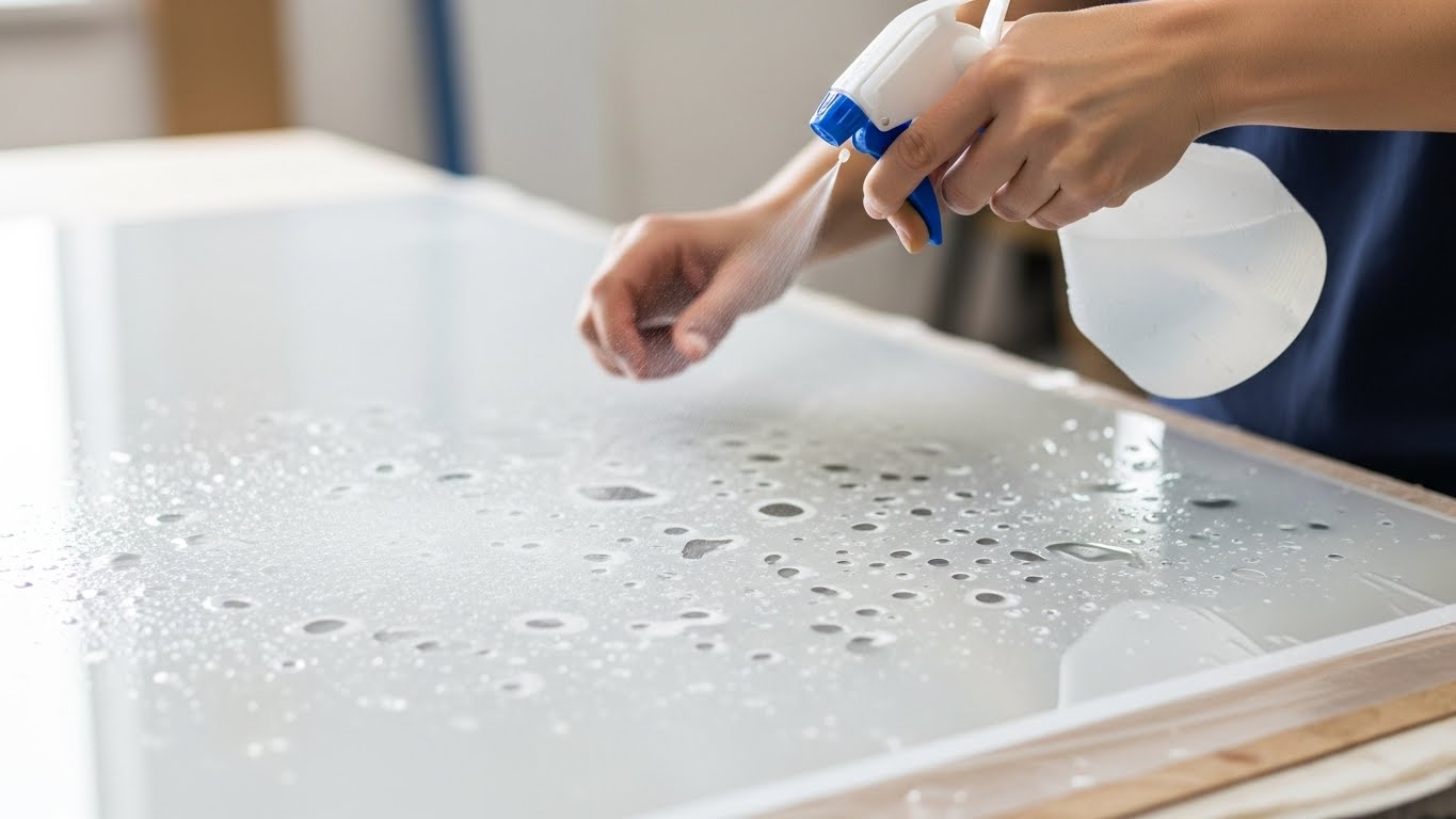 아크릴 보호비닐 제거 전 분무기로 물을 뿌리는 모습