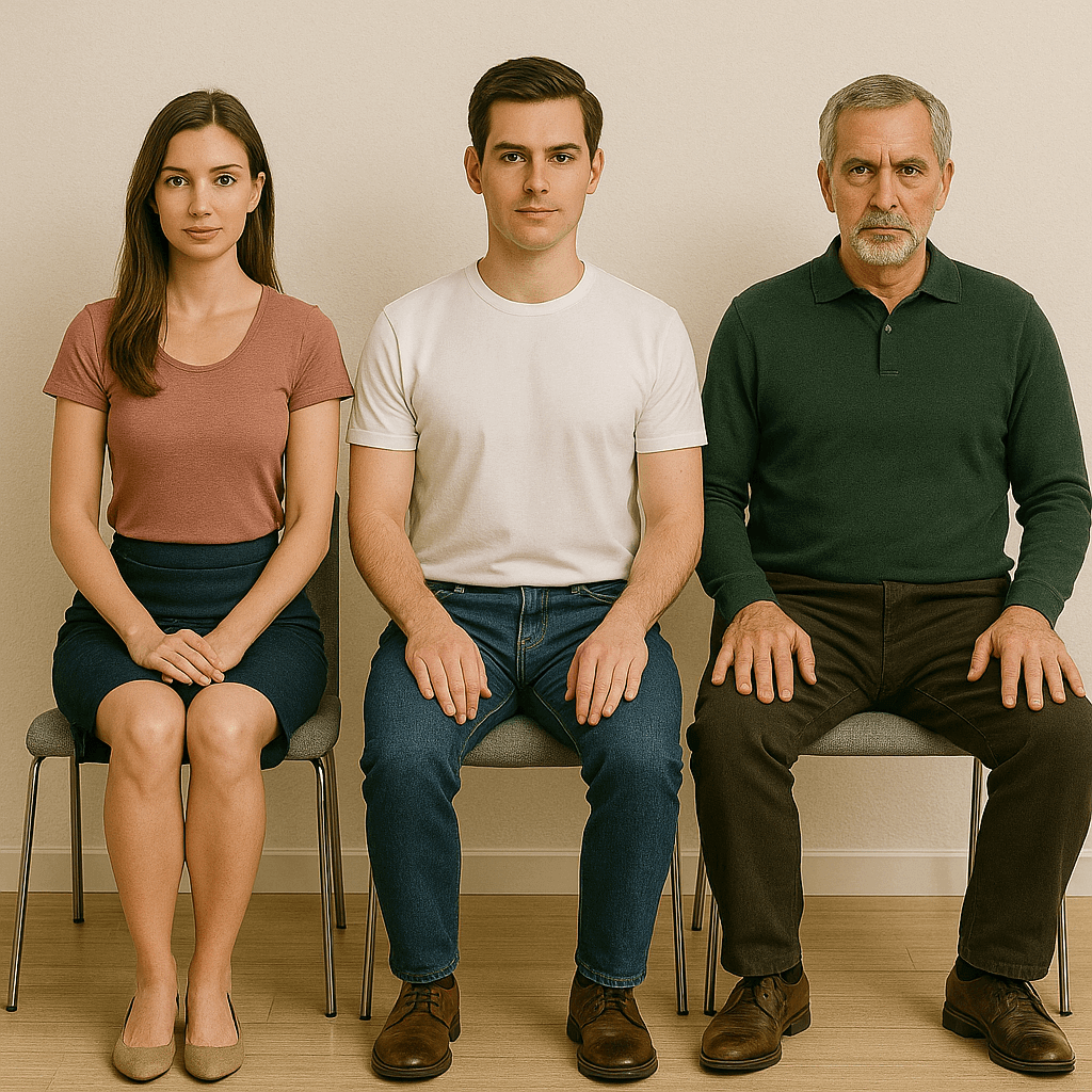 여성이 다리모으고 앉은모습,바르게 앉은 청년의 모습,다리 많이 벌리고 앉은 중년남자의 모습