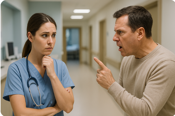 병원 복도에서 항의하는 환자와 긴장한 의료인의 모습