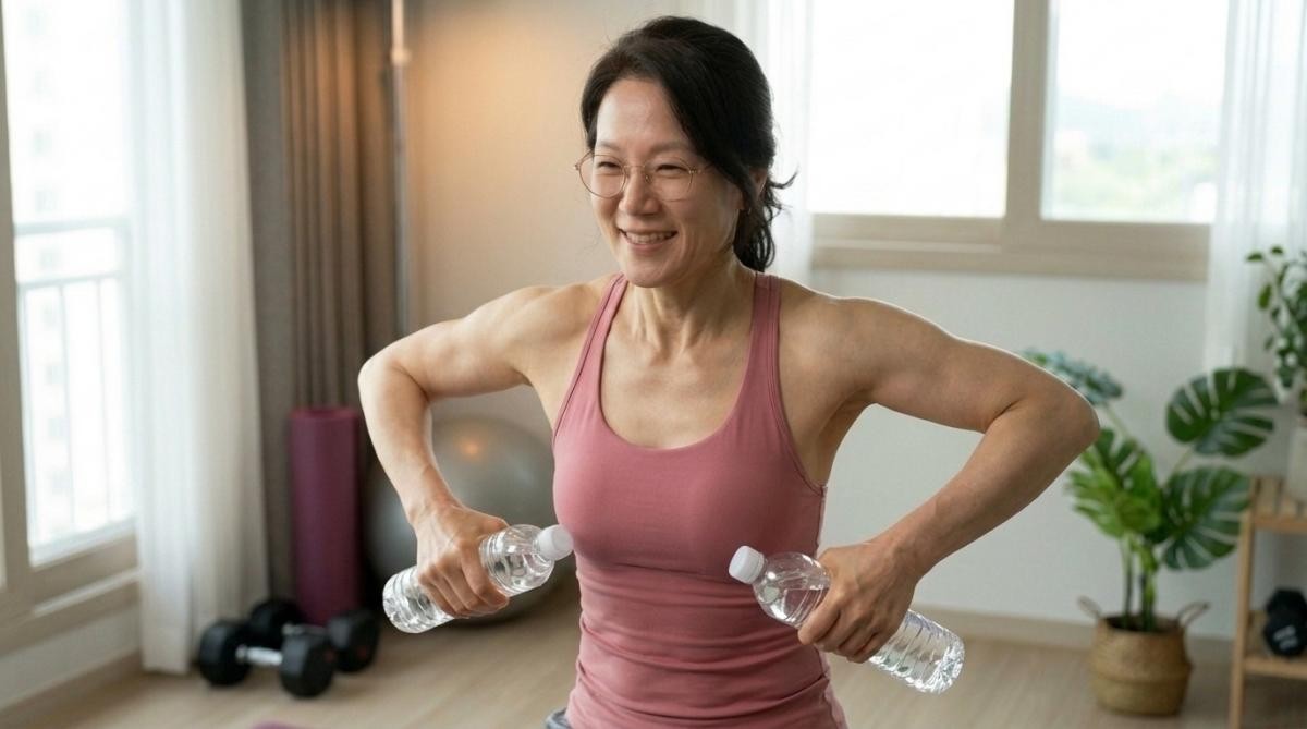 집에서 생수병으로 덤벨 로우 동작을 하고 있는 여성