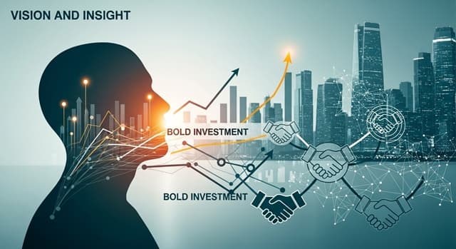 젠슨 황의 성공 비결인 비전, 과감한 투자, 네트워크 구축을 상징하는 개념 이미지.