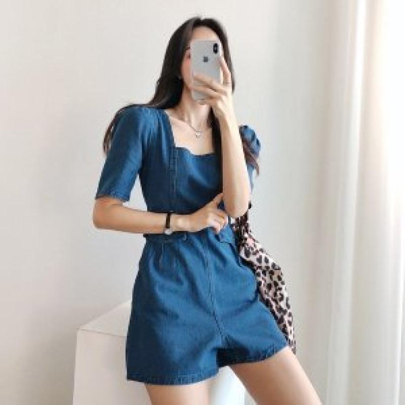 드레스날다 핏보정 스퀘어 퍼프 데님 숏 점프수트 pt748