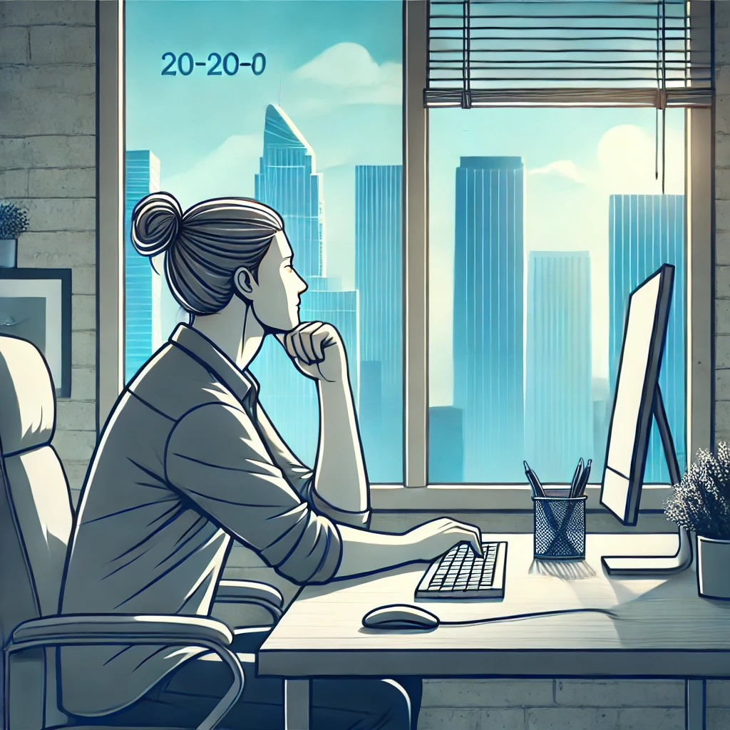 "책상에서 컴퓨터 작업 중 창밖을 바라보며 눈을 쉬고 있는 사람"