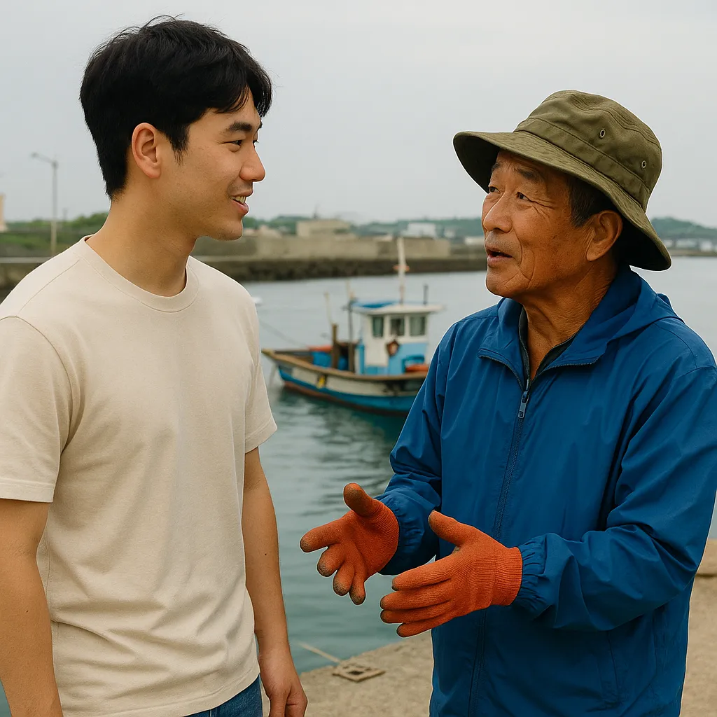 제주의 항구에서 어부와 대화하는 남성