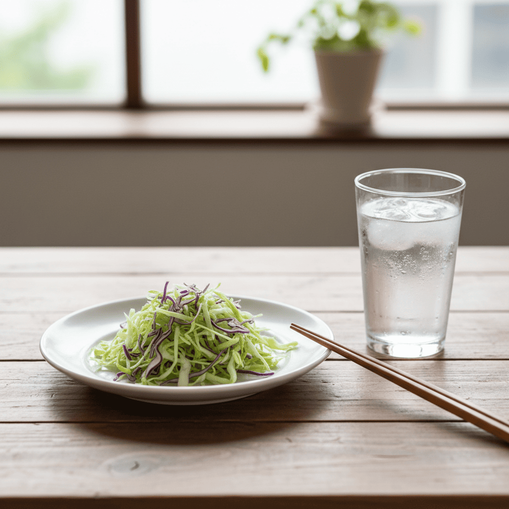 흰 접시에 얇게 채썬 신선한 생양배추가 산뜻하게 담겨 있는 모습