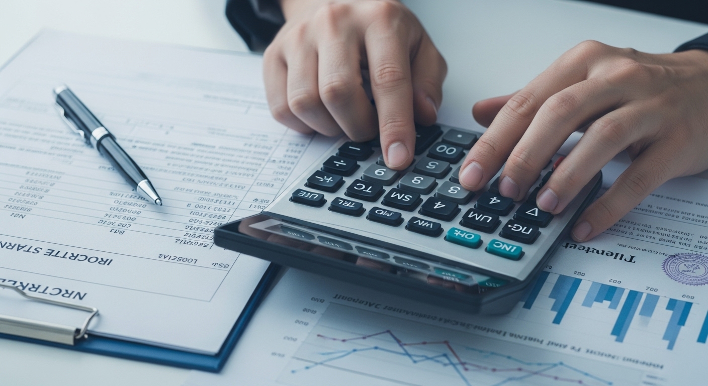 복잡한 소득 인정액 계산을 위해 계산기와 서류를 꼼꼼히 확인하는 손의 모습.