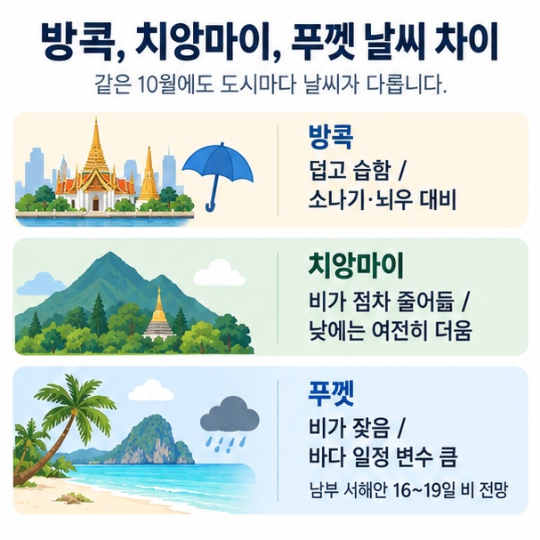 방콕 치앙마이 푸껫의 10월 날씨 차이를 도시별 아이콘과 비구름으로 비교한 여행 인포그래픽