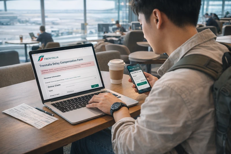 한국인 남성 여행자가 공항 라운지 테이블에서 노트북으로 트렌이탈리아 지연 보상 온라인 신청 폼을 작성하며 스마트폰으로 은행 앱 정보를 확인하는 모습