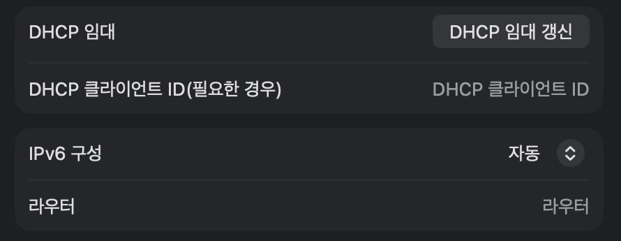 macOS TCP/IP 설정의 DHCP 임대 갱신 버튼과 IPv6 구성 항목
