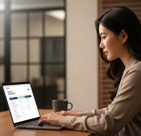 국취제 신청방법 단계별 안내 - 노트북으로 신청하는 사람의 모습 이미지
