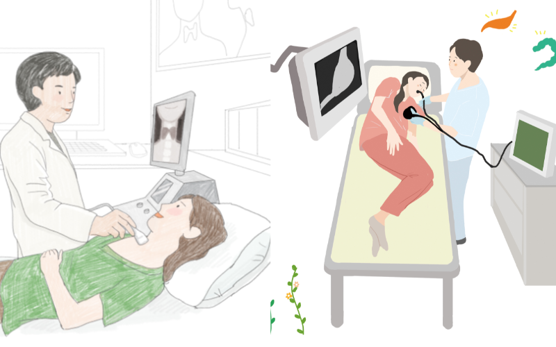 갑상선 검사 및 내시경 검사하는 여성 이미지