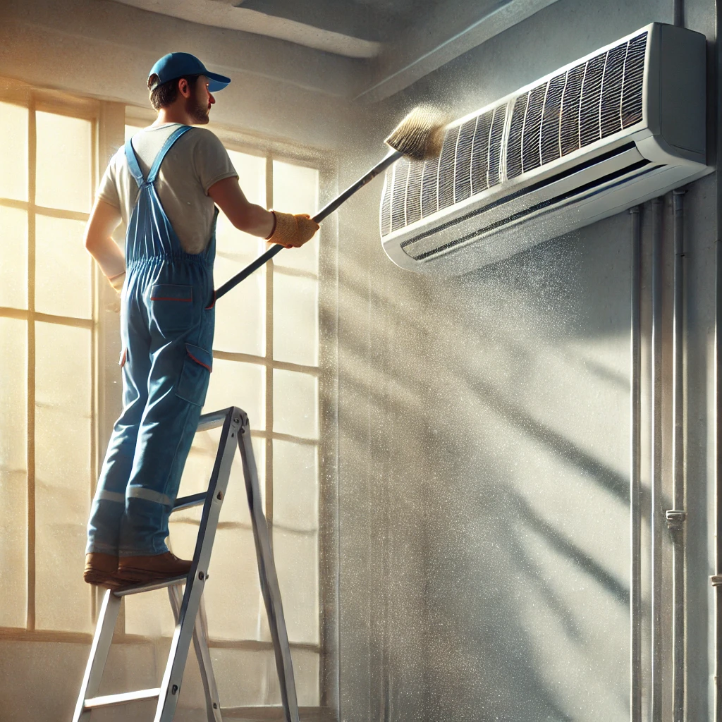 실내 에어컨을 사다리 위에서 청소하는 모습
