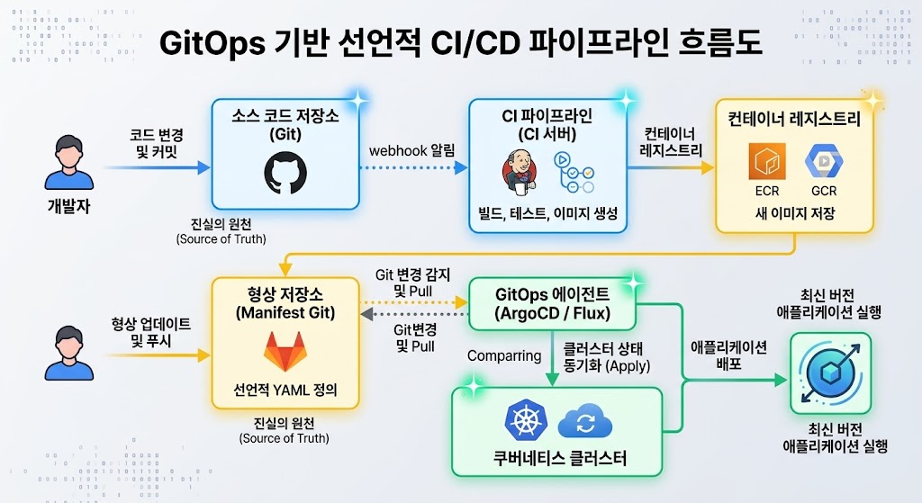 Git 저장소의 코드 변경이 ArgoCD를 통해 K8s 클러스터에 선언적으로 반영되며, 상태의 일관성을 유지합니다.