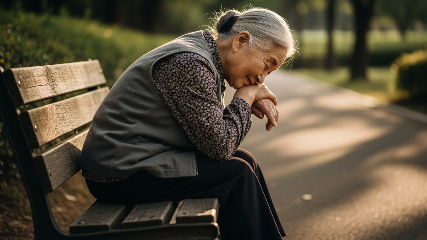 허리를 앞으로 숙였을 때 통증이 완화되는 척추관 협착증 증상을 보여주는 한국 노인의 모습