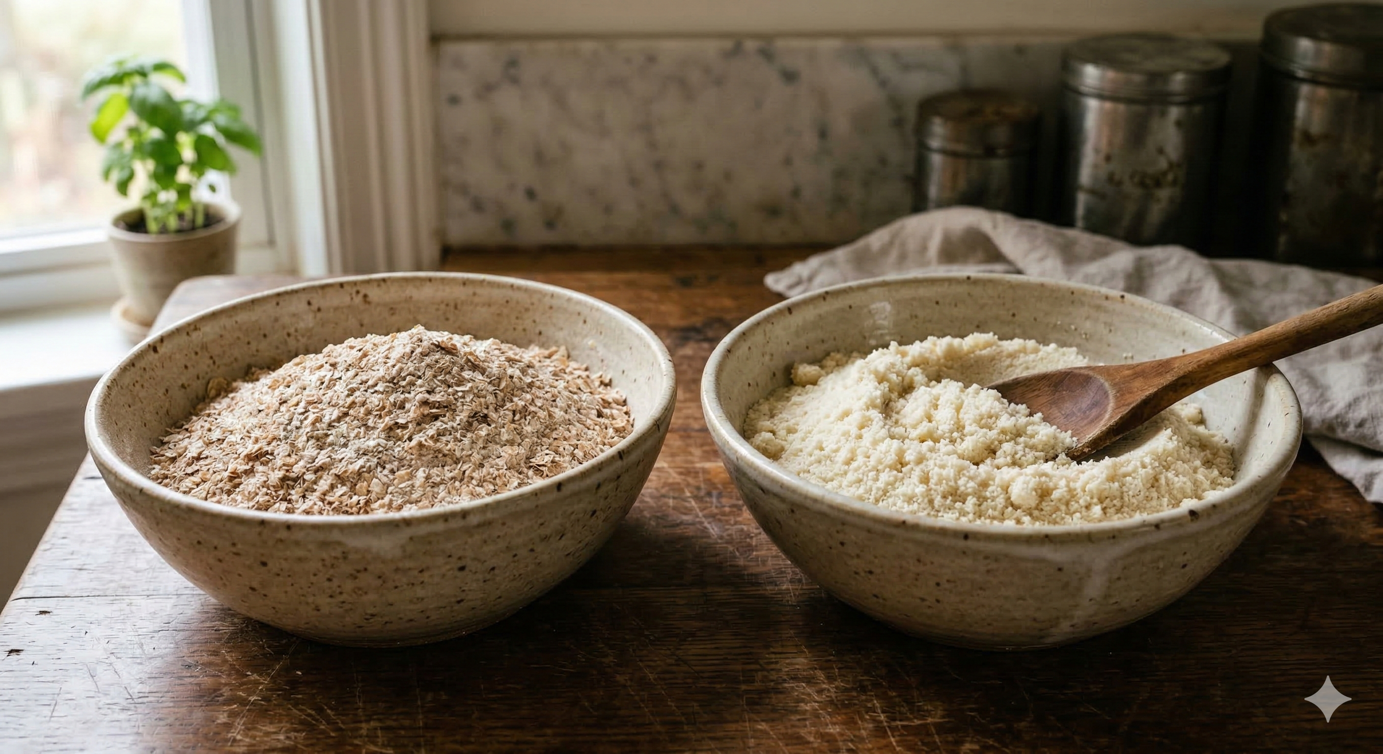 입자가 거친 통밀 가루와 유분기가 느껴지는 고운 아몬드 가루의 차이점