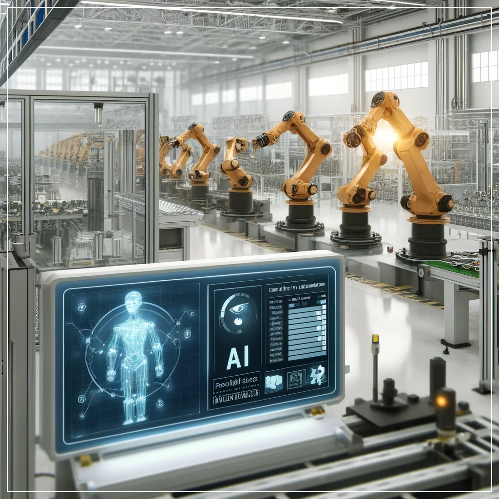 스마트 공장에서 AI 시스템이 자동화된 조립 라인을 제어하고, 실시간 품질 관리 데이터를 모니터링하는 모습