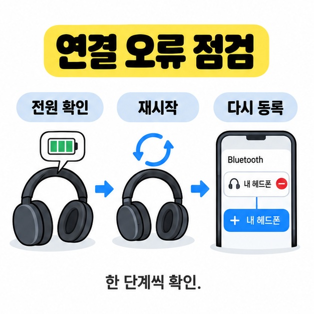 전원 확인, 재시작, 액세서리 다시 등록을 화살표로 연결한 블루투스 연결 오류 점검 순서