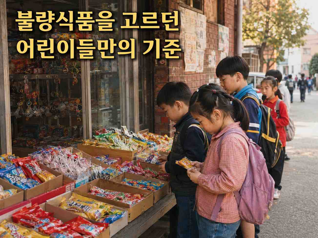 문방구 간식 진열대 앞에서 여러 어린이가 과자를 고르는 모습