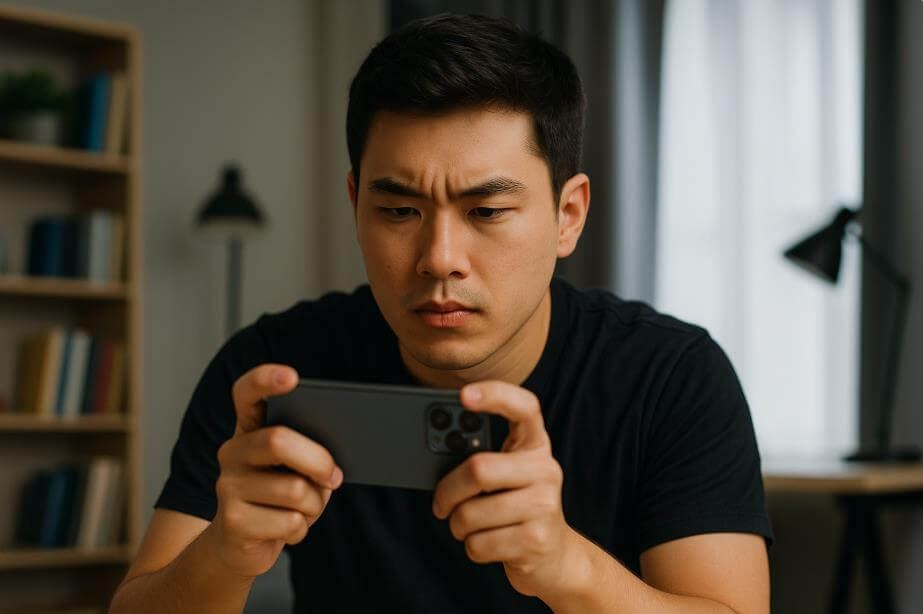 청년이 아이폰 17 프로로 집중해 게임을 하는 모습