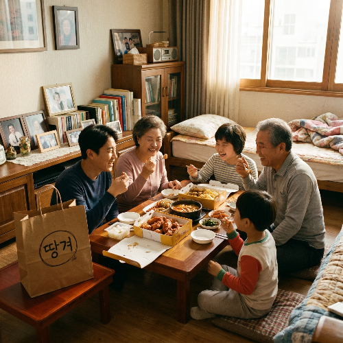 아늑하고 따뜻한 거실에 모여 앉아 배달 음식을 나누어 먹으며 즐겁게 대화하고 있는 행복한 한국인 가족의 모습. 소파 옆 테이블에는 공공배달앱 로고가 연상되는 정겨운 배달 봉투가 놓여 있으며, 가계 비용을 아끼며 행복을 나누는 일상을 표현한 8k 라이프스타일 사진