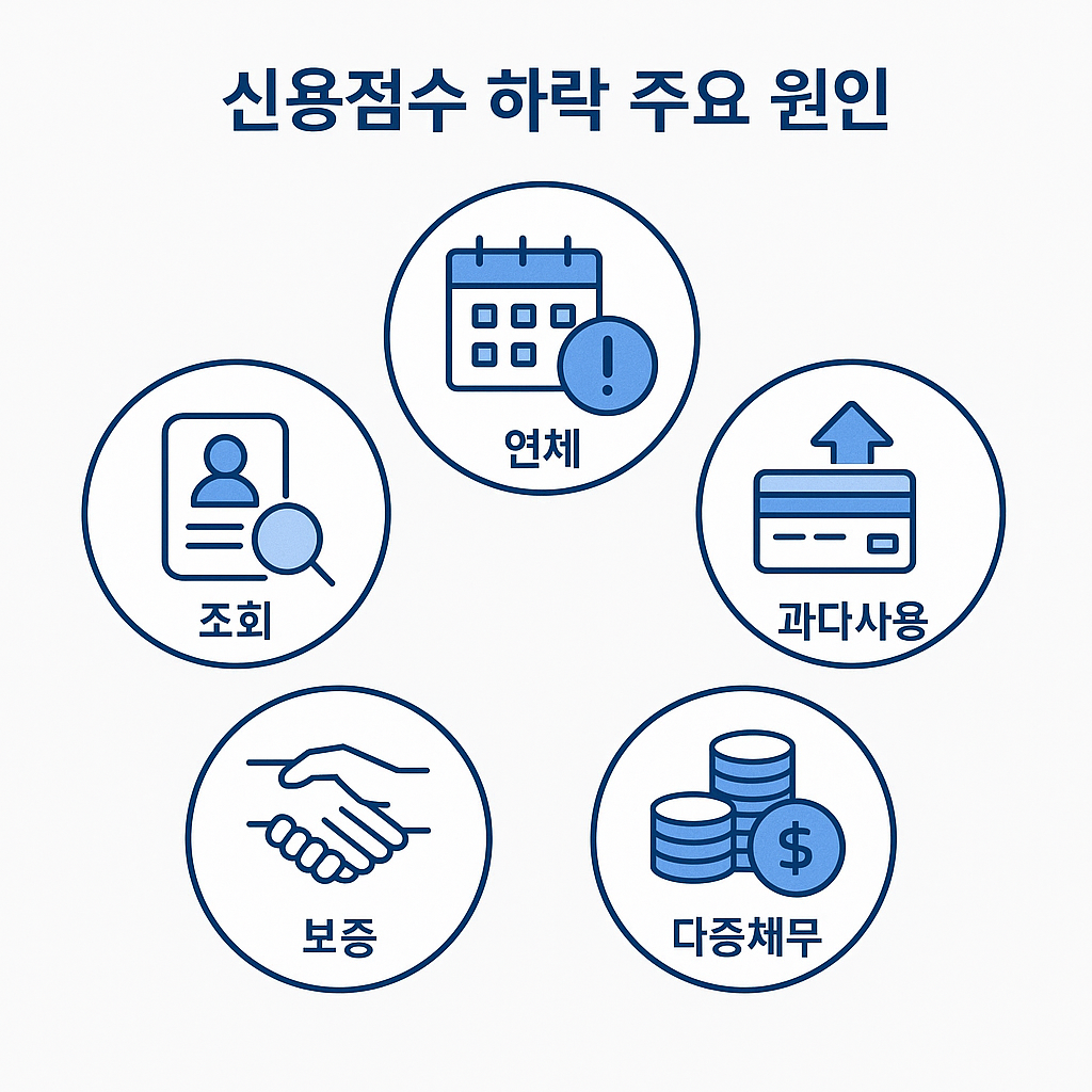 연체&amp;#44; 과다사용&amp;#44; 다중채무&amp;#44; 보증&amp;#44; 조회 등 신용점수 하락의 주요 원인을 원형 아이콘으로 배치한 2D 인포그래픽 이미지