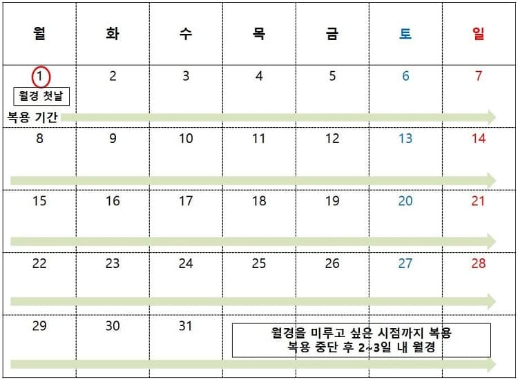 피임과 생리 미루기 두가지 목적으로 사전 피임약 복용법 예시