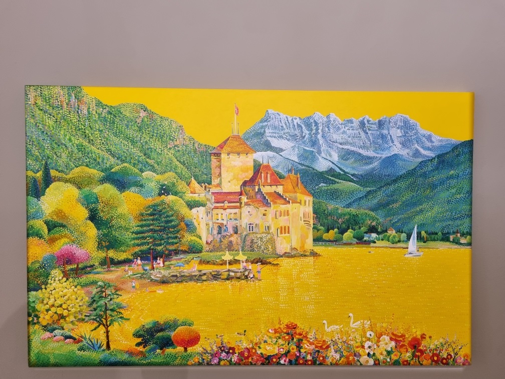 김덕기화백전시그림, 알프스산맥과 성, 호수가 그려진 그림