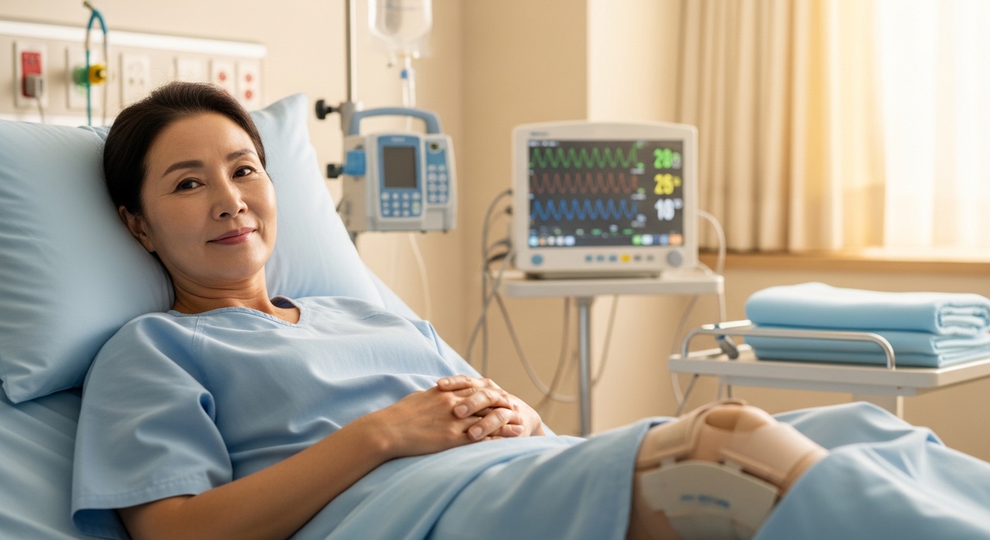 중년-여성이-회복실-침대에서-안정된-표정으로-휴식하는-장면