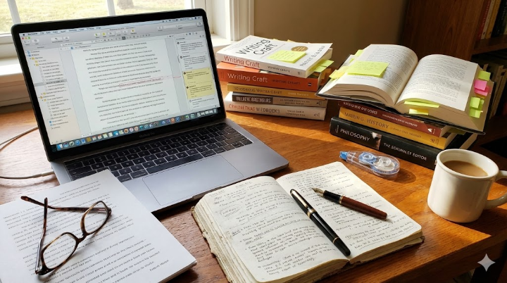 단순한 책벌레를 넘어 자신만의 글을 생산해 내는 프로 에디터의 노트북과 책이 어우러진 이미지