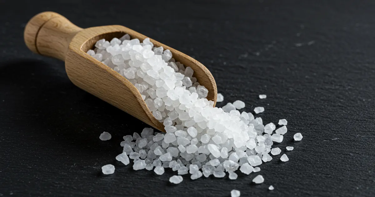 나무 스쿱에 담긴 천일염이 검은 슬레이트 배경 위에 흩어져 있는 장면