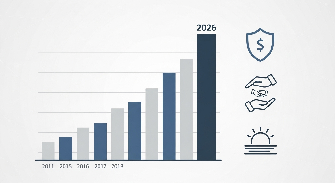 2026년 장애인연금 인상률을 보여주는 상승 그래프와 안정적인 미래를 상징하는 아이콘, 지속적인 복지 정책 확대를 표현.
