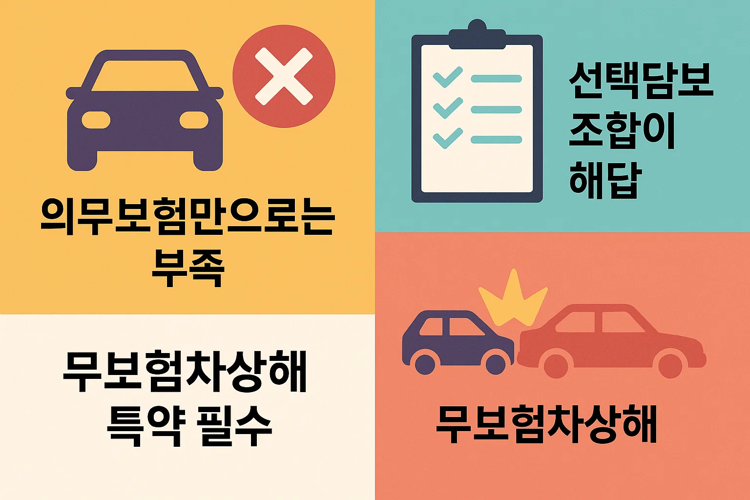 책임보험만으로 부족한 부분을 메우기 위한 무보험차상해 특약, 선택담보 조합 등의 보완 전략을 안내하는 인포그래픽