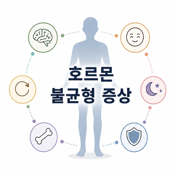 호르몬 불균형 증상을 상징하는 인체 실루엣과 호르몬 신호 아이콘, 중앙에 호르몬 불균형 증상 텍스트가 배치된 이미지