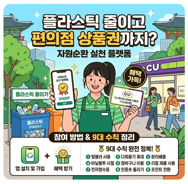 플라스틱 줄이고 편의점 상품권까지?
자원순환 실천 플랫폼 참여 방법 & 9대 수칙 정리
